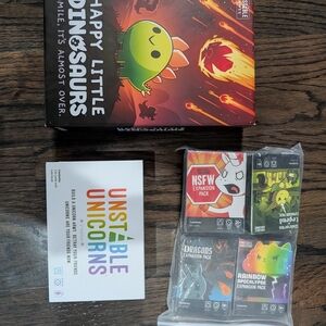 Unstable unicorns party card game & 5 expansion packs + Happy Little Dinosaurs
